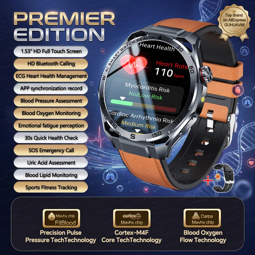 2026New Nursing-Grade AI ECG Smart Watch 1.53''Sapphire Glass Heart Rate Blood Lipid Uric Acid Monitor Bluetooth Call Smartwatch