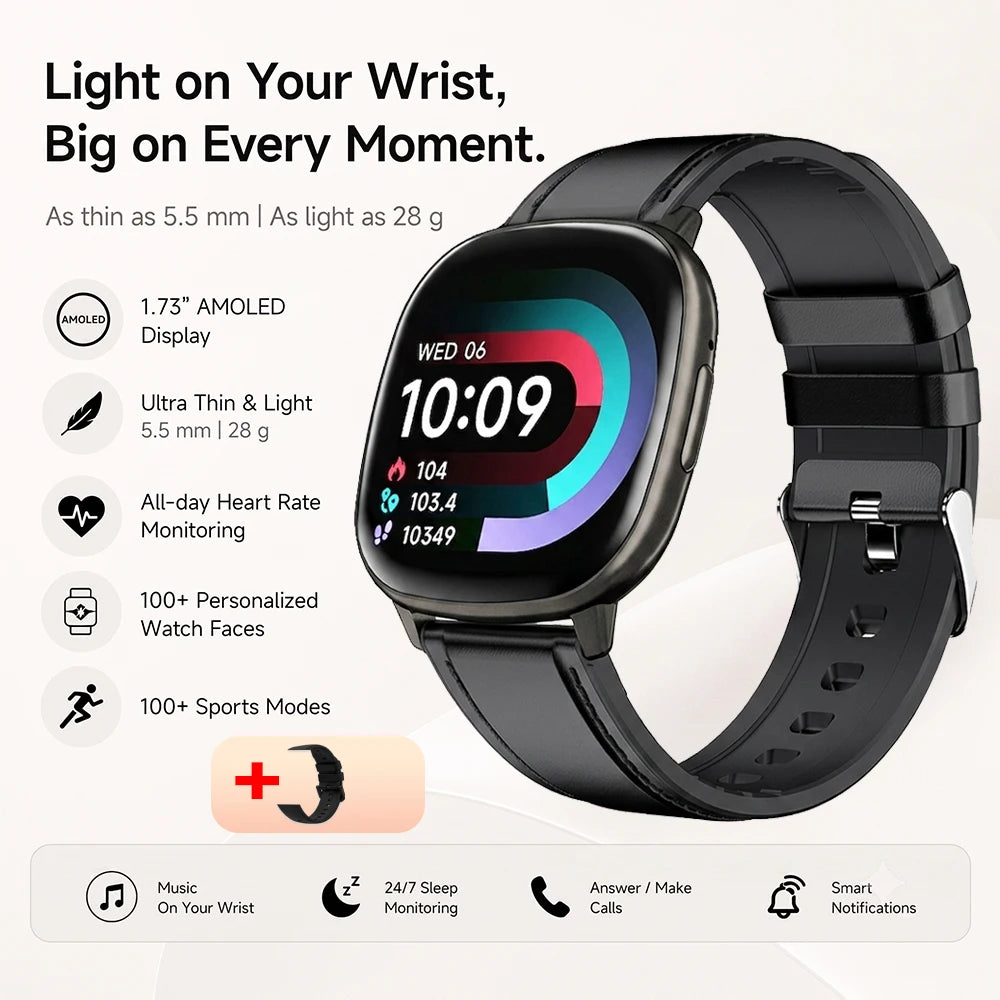 2026 New Smart Watch 5.5mm Ultra-thin 1.73'' AMOLED Men Women 100+ Sports Fitness Wrist Watch BT Call Health Tracker Smartwatch