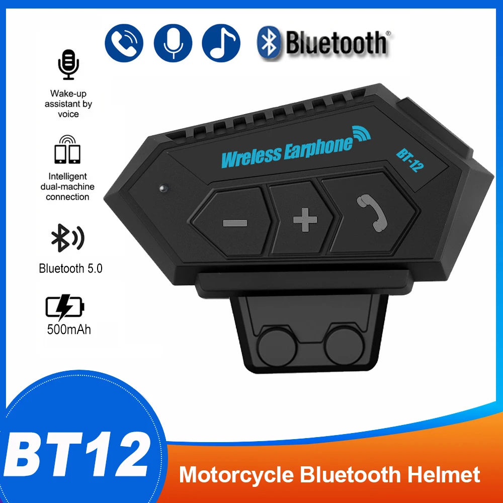 BT12 Bluetooth Motorcycle Helmet Headset Motor Bike Wireless Earphone Voice Control Handsfree Mic Headphones Music Player