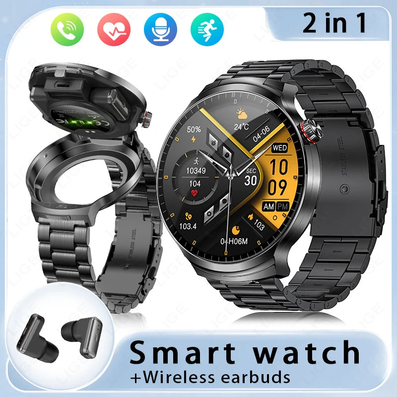 LIGE New Smartwatch TWS 2 In 1 Earphones Sports Smart Watch Bluetooth Calling Health Monitor Fitness Record Watches with Headset