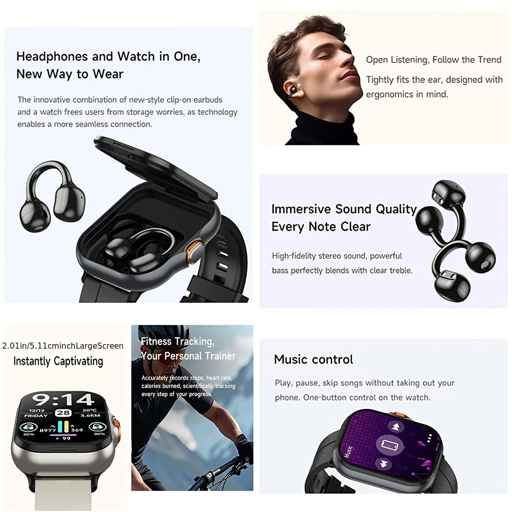 Smartwatch with Built-in TWS Earbuds | 2.01-inch Display, Call/SMS Notifications, Multiple Sports Modes, Pedometer