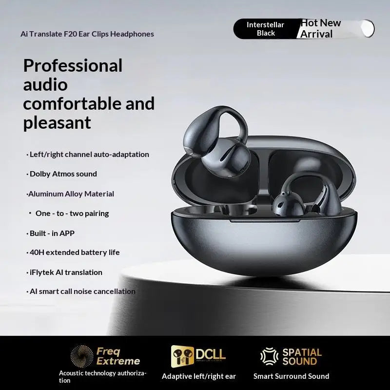 Wireless Bluetooth Earbuds with Ear Clips 6.0 AI Translation Noise Reduction 40H Battery Life IPX6 Waterproof for Sports And Fit