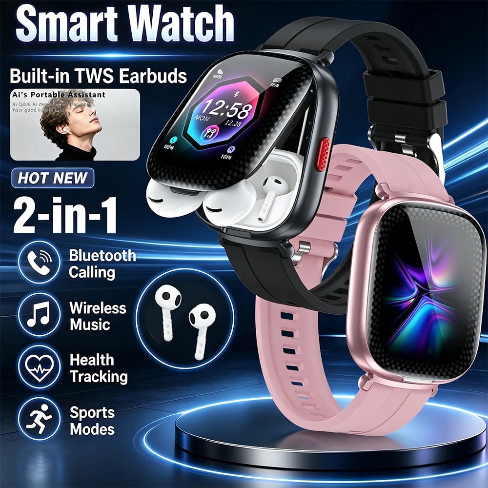 TWS 2 In 1 Smartwatch Earphones Sports Smart Watch Wireless Bluetooth Calling Health Monitor Fitness Record Watches With Headset