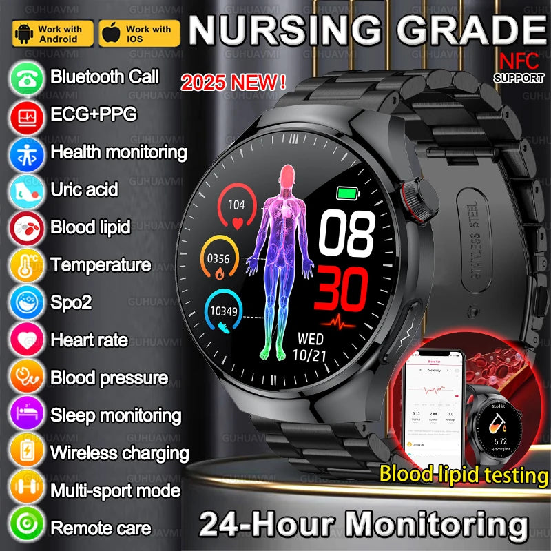 New Nursing Grade Smart Watch Blood Oxygen Blood Lipid Uric Acid ECG+PPG Body Micromonitoring Bluetooth Call Health Smart Watch