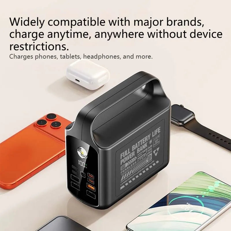 200000mAh Large Capacity Power Bank Portable Outdoor Emergency Power Supply Built-in Cable Camping Light External Battery Pack