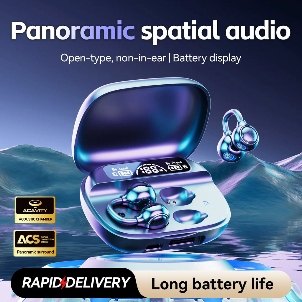 The new Bluetooth earbuds are clip-on, open-type, non-in-ear design, with long battery life, digital display, and low latency
