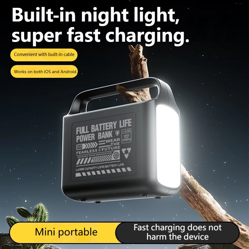 200000mAh Large Capacity Power Bank Portable Outdoor Emergency Power Supply Built-in Cable Camping Light External Battery Pack