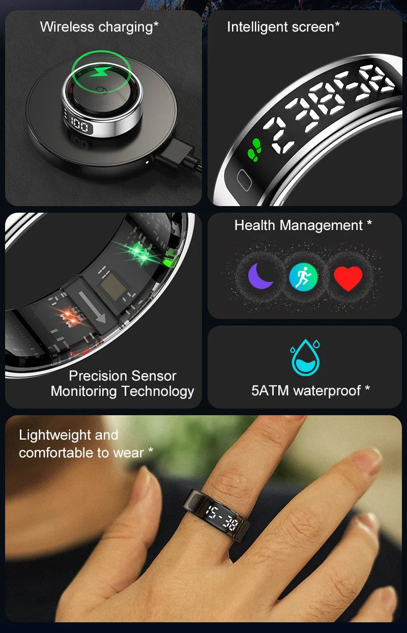 New R11 Smart Ring With Display Wireless Charging Screen Gesture Control Health Monitor 5ATM Waterproof Sport Fitness Smart Ring