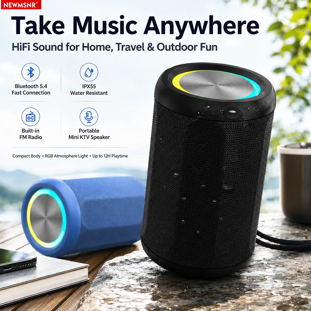 Portable Bluetooth Speaker Bluetooth 5.4 Wireless Mini KTV Speaker RGB Light IP55 Waterproof HiFi Sound Support FM 12H Play Time