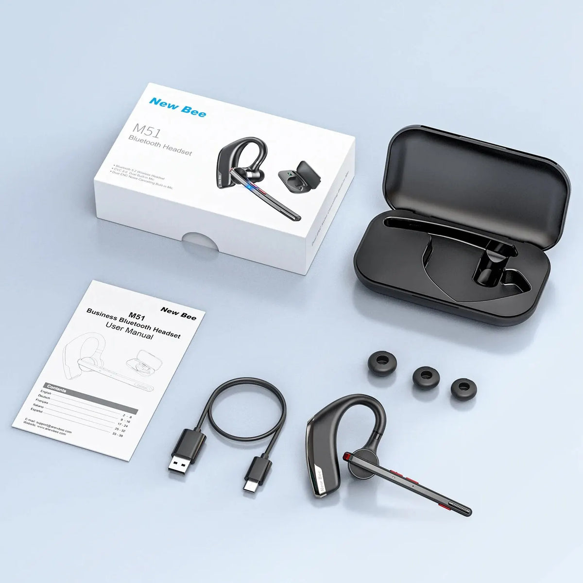 New Bee M51 Bluetooth 5.2 Wireless Headset Earphones Headphone with Dual-Mic CVC8.0 Noise Cancelling Handsfree Business Earbuds