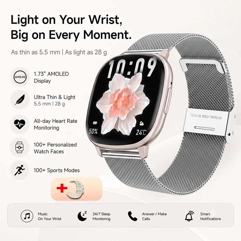 2026 New Smart Watch 5.5mm Ultra-thin 1.73'' AMOLED Men Women 100+ Sports Fitness Wrist Watch BT Call Health Tracker Smartwatch