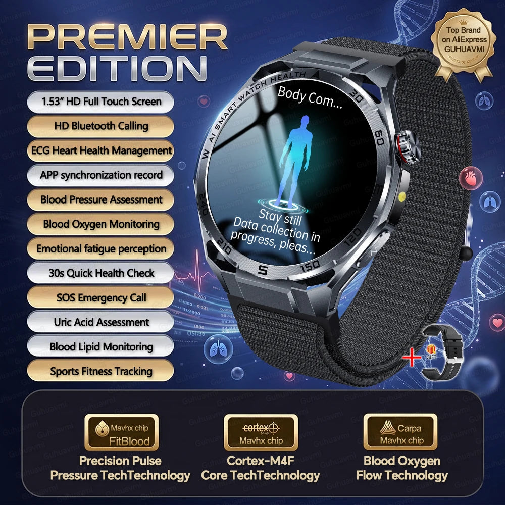 2026New Nursing-Grade AI ECG Smart Watch 1.53''Sapphire Glass Heart Rate Blood Lipid Uric Acid Monitor Bluetooth Call Smartwatch