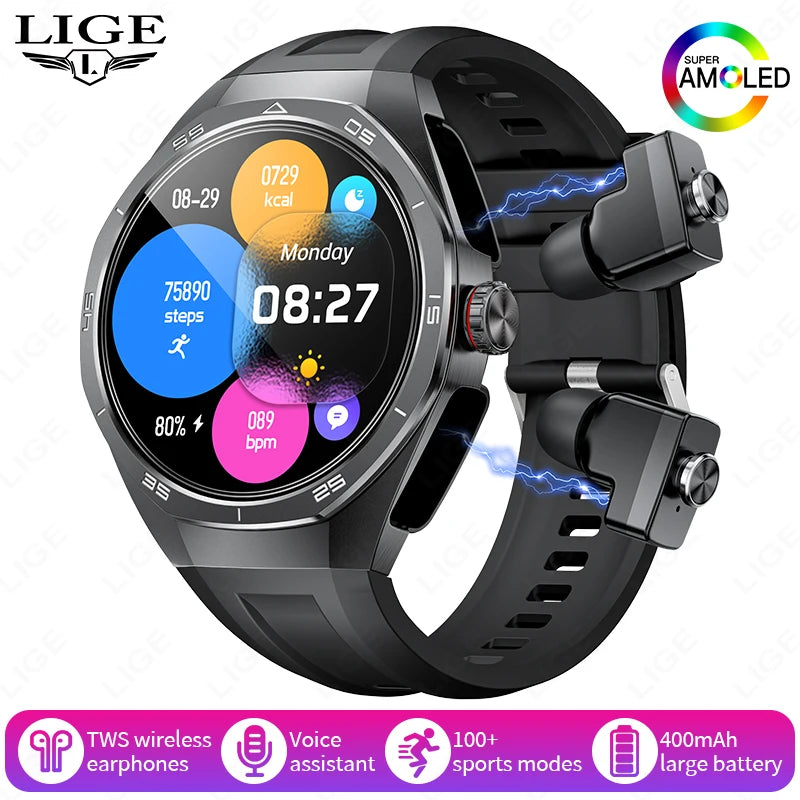 TWS 2-in-1 Smart Watch with Headphones Sports Play Music Bluetooth Headset Call Men Health Monitor NFC Women Smartwatch Earbuds