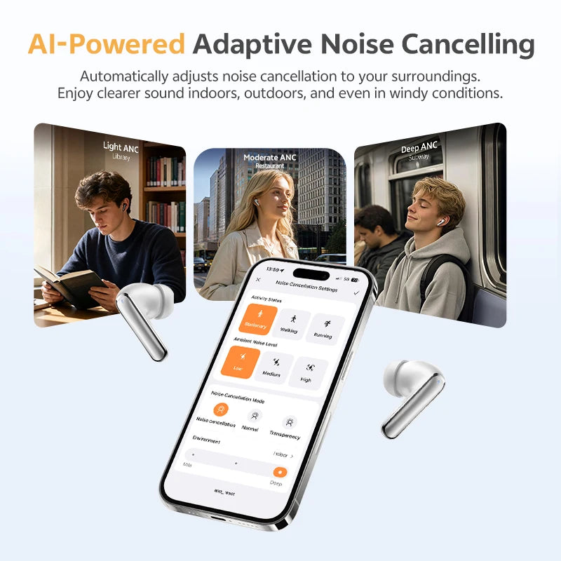 QCY HT21 Wireless Earphones Melobuds N65 -60dB AI Adaptive ANC Earbuds Bluetooth 6.0 LDAC Hi-Res Audio 8 Mics 50Hrs Headset
