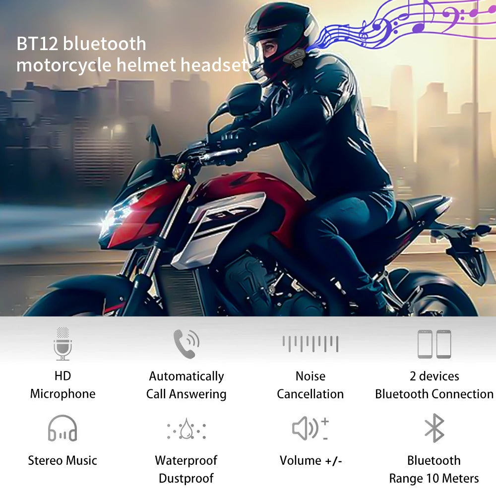 BT12 Bluetooth Motorcycle Helmet Headset Motor Bike Wireless Earphone Voice Control Handsfree Mic Headphones Music Player