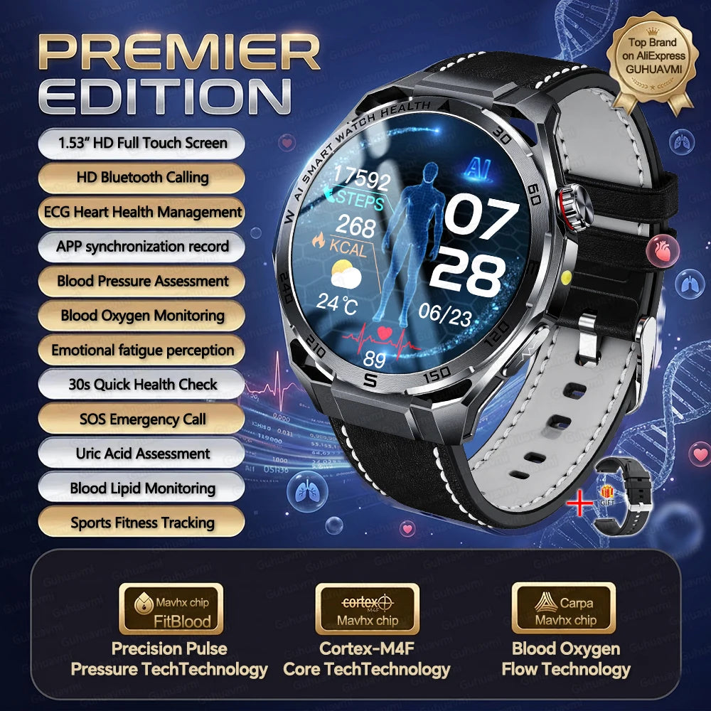 2026New Nursing-Grade AI ECG Smart Watch 1.53''Sapphire Glass Heart Rate Blood Lipid Uric Acid Monitor Bluetooth Call Smartwatch