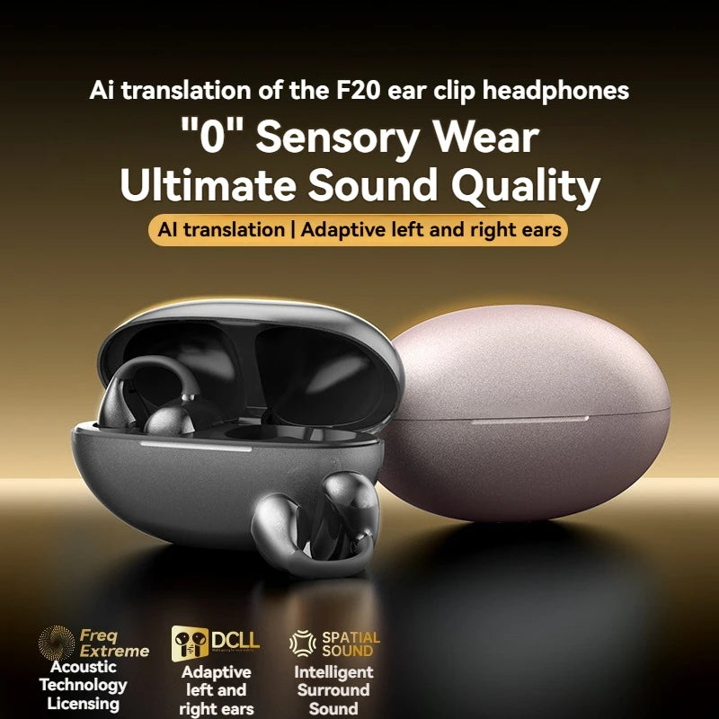 Wireless Bluetooth Earbuds with Ear Clips 6.0 AI Translation Noise Reduction 40H Battery Life IPX6 Waterproof for Sports And Fit