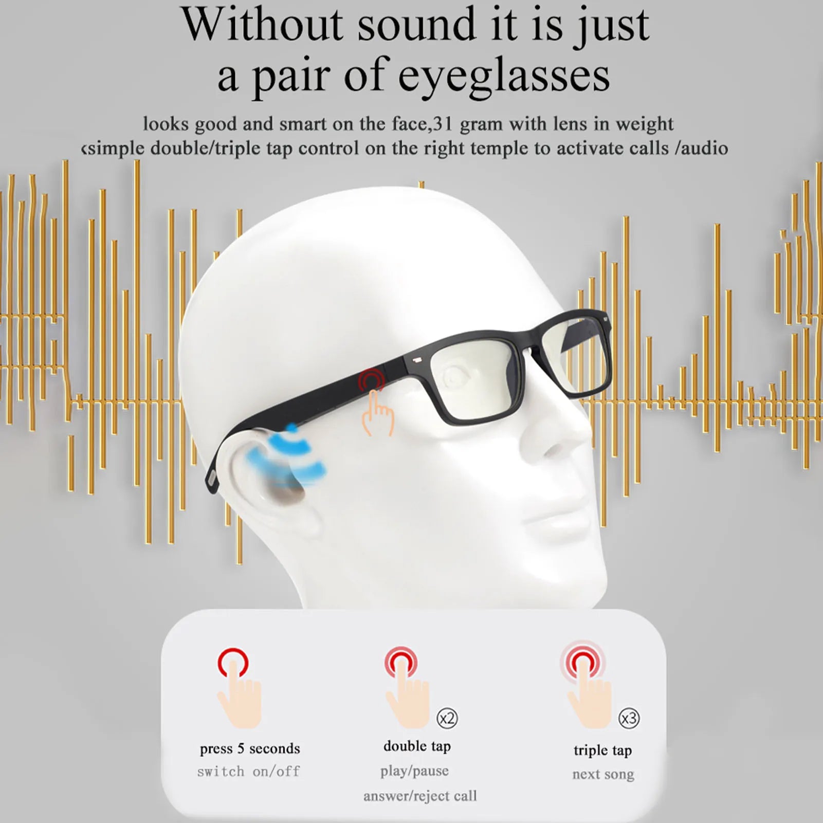 Smart Glasses Wireless BT 5.0 Hands-Free Calling Music Audio Sport Headset Eyewear Intelligent Eyeglasses IPX7 Waterproof