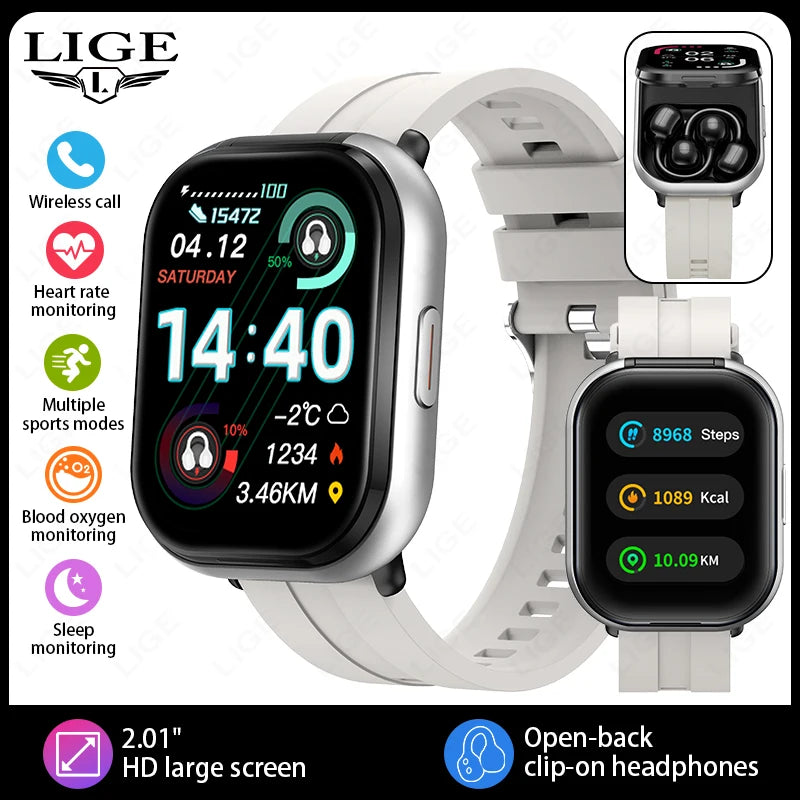 LIGE TWS 2 In 1 Clip-on Earbuds Smart Watch 2.01" HD Bluetooth Voice Calling Health Monitor Sports Smartwatch With Headphones