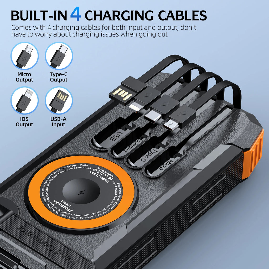 Hand Crank Solar Power Bank 50000mAh, Emergency Portable External Battery, 4 Cables, Compass & SOS Radio Light, Best for Campion