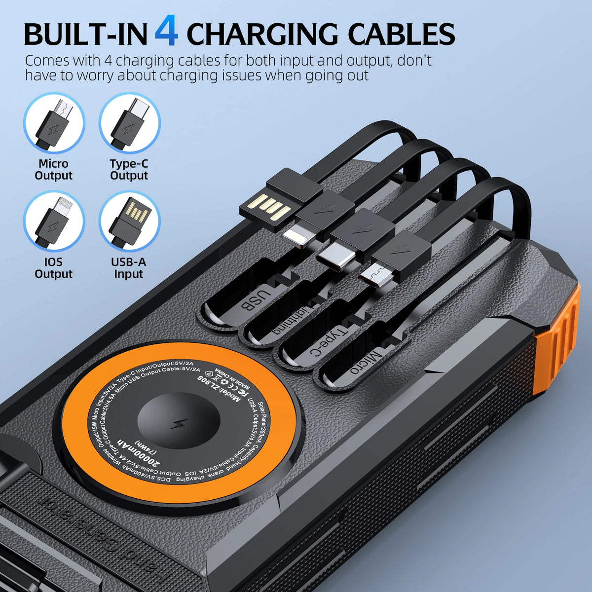 Hand Crank Solar Power Bank 50000mAh, Emergency Portable External Battery, 4 Cables, Compass & SOS Radio Light, Best for Campion