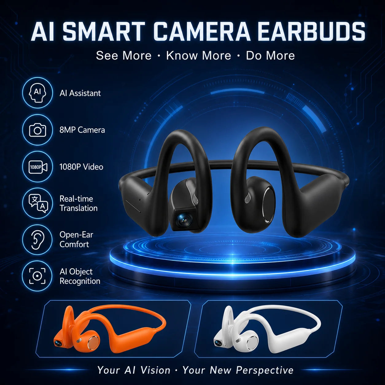 2026 Smart Camera Earphone 8MP Photo Video Voice Recording WiFi File Transfer Bluetooth Call AI Translator Wearable Headset