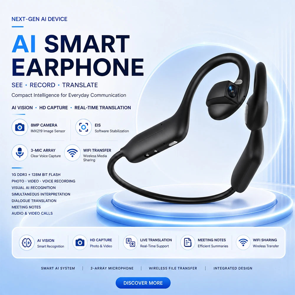 2026 Smart Camera Earphone 8MP Photo Video Voice Recording WiFi File Transfer Bluetooth Call AI Translator Wearable Headset