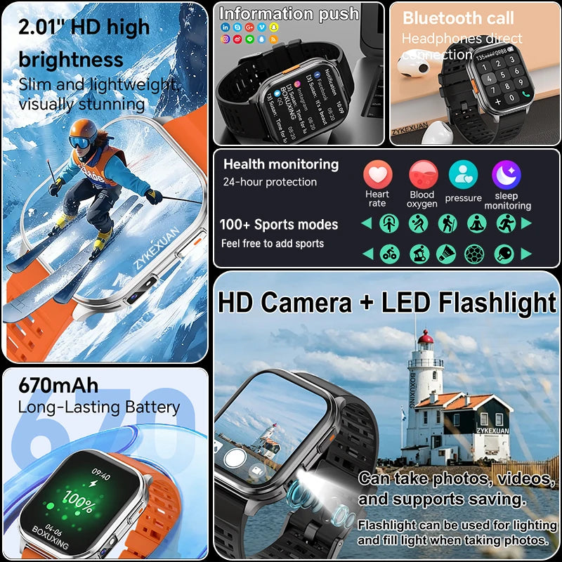 New Camera Smart Watch Photos Record Video Built-in Photo Album Headphone Mode Health Sport IP68 Waterproof Smartwatch Men Women