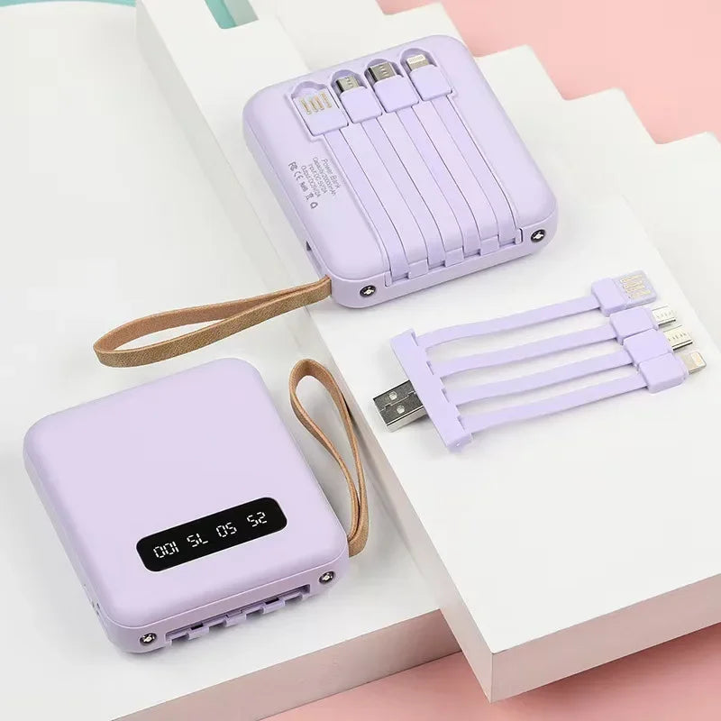Portable 20W Power Bank Built-in 4 Cables Digital Display Mini External Battery with Lanyard Travel Charger for IPhone Huawei