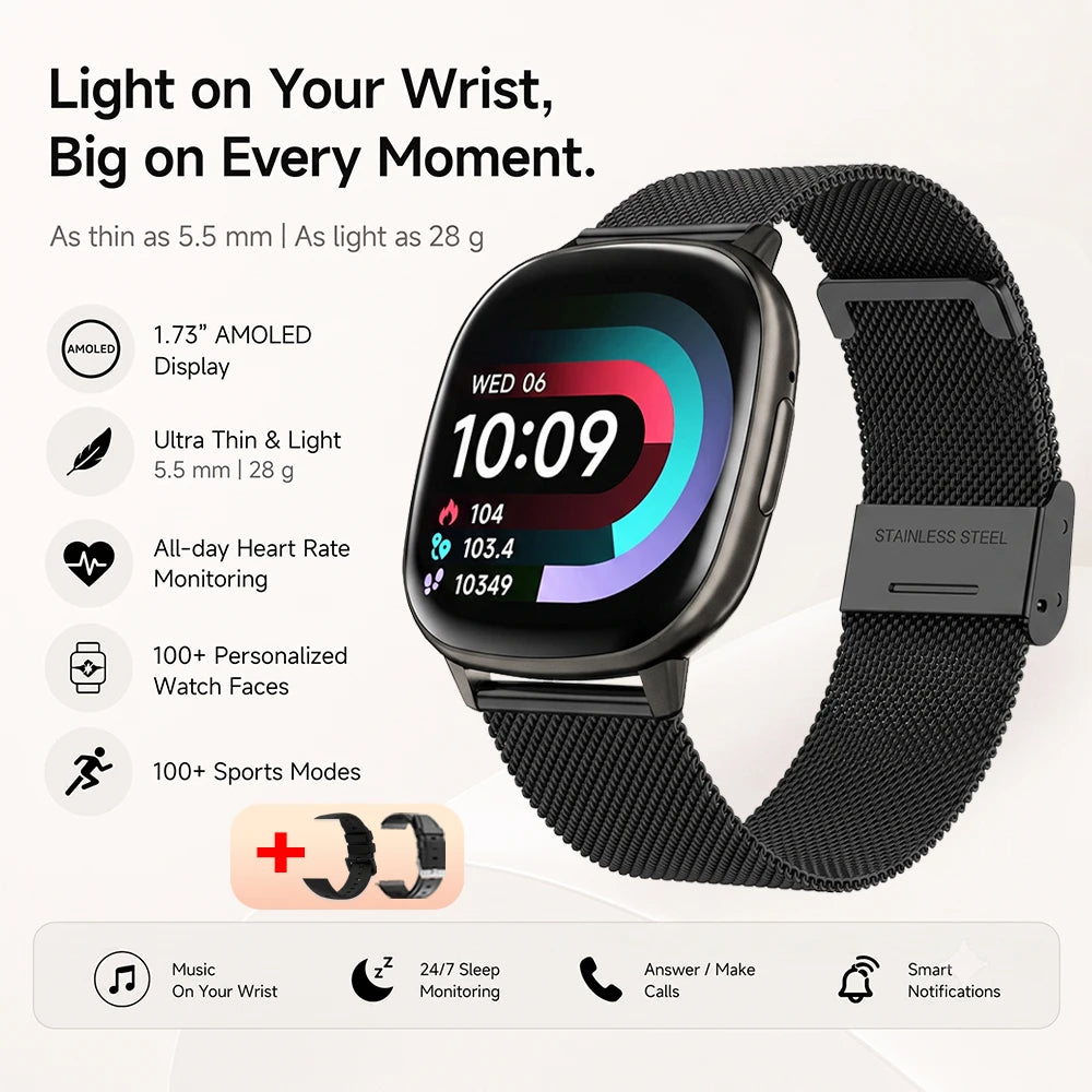 2026 New Smart Watch 5.5mm Ultra-thin 1.73'' AMOLED Men Women 100+ Sports Fitness Wrist Watch BT Call Health Tracker Smartwatch