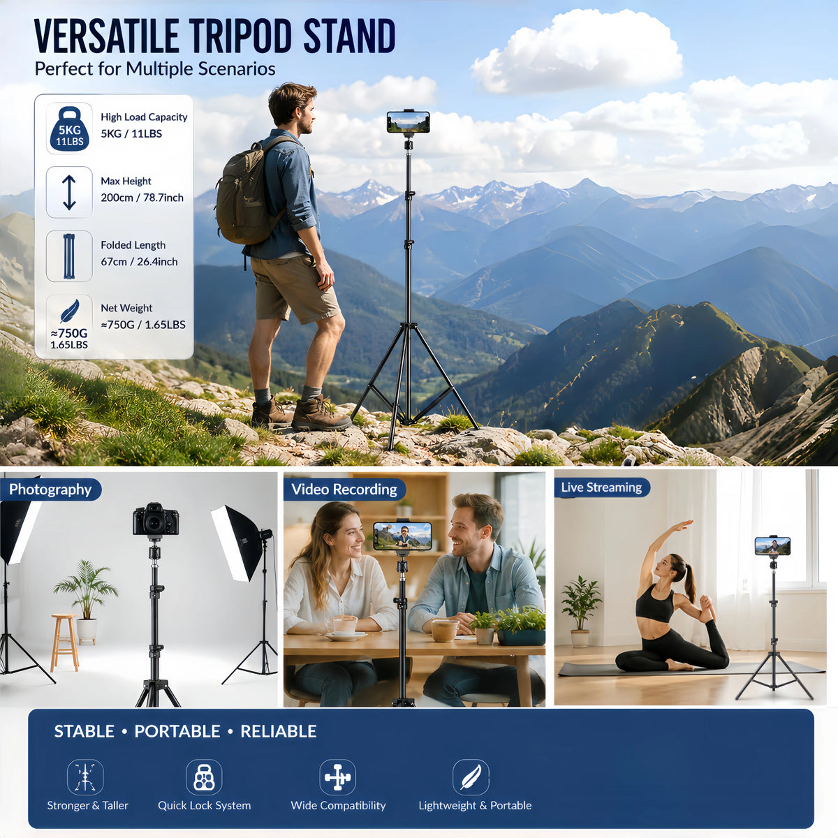 Sturdy Carbon Steel Light Stand 200cm, Foldable Tripod for Studio Photography & Outdoor Use