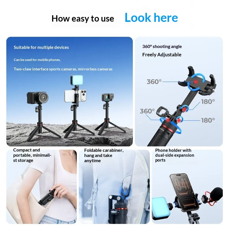 3-in-1 Vlog Stand - Phone/Action Cam/Mirrorless, 18-70cm, 360° Adjustable, 200g Multi-Device Vlog Stand