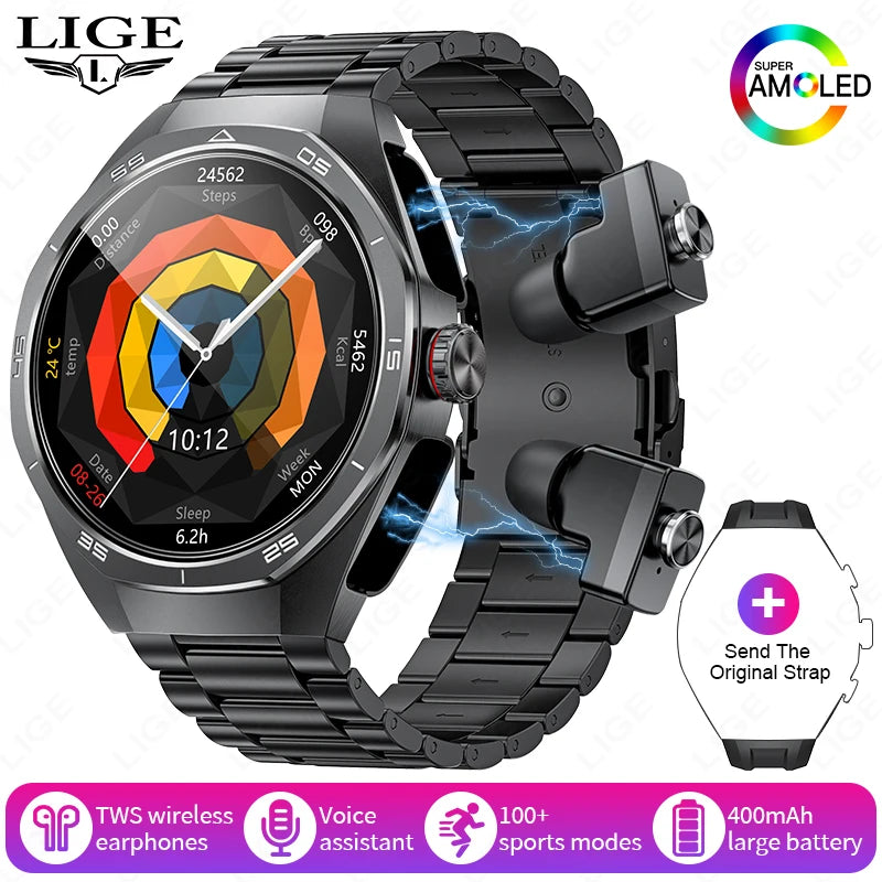 TWS 2-in-1 Smart Watch with Headphones Sports Play Music Bluetooth Headset Call Men Health Monitor NFC Women Smartwatch Earbuds