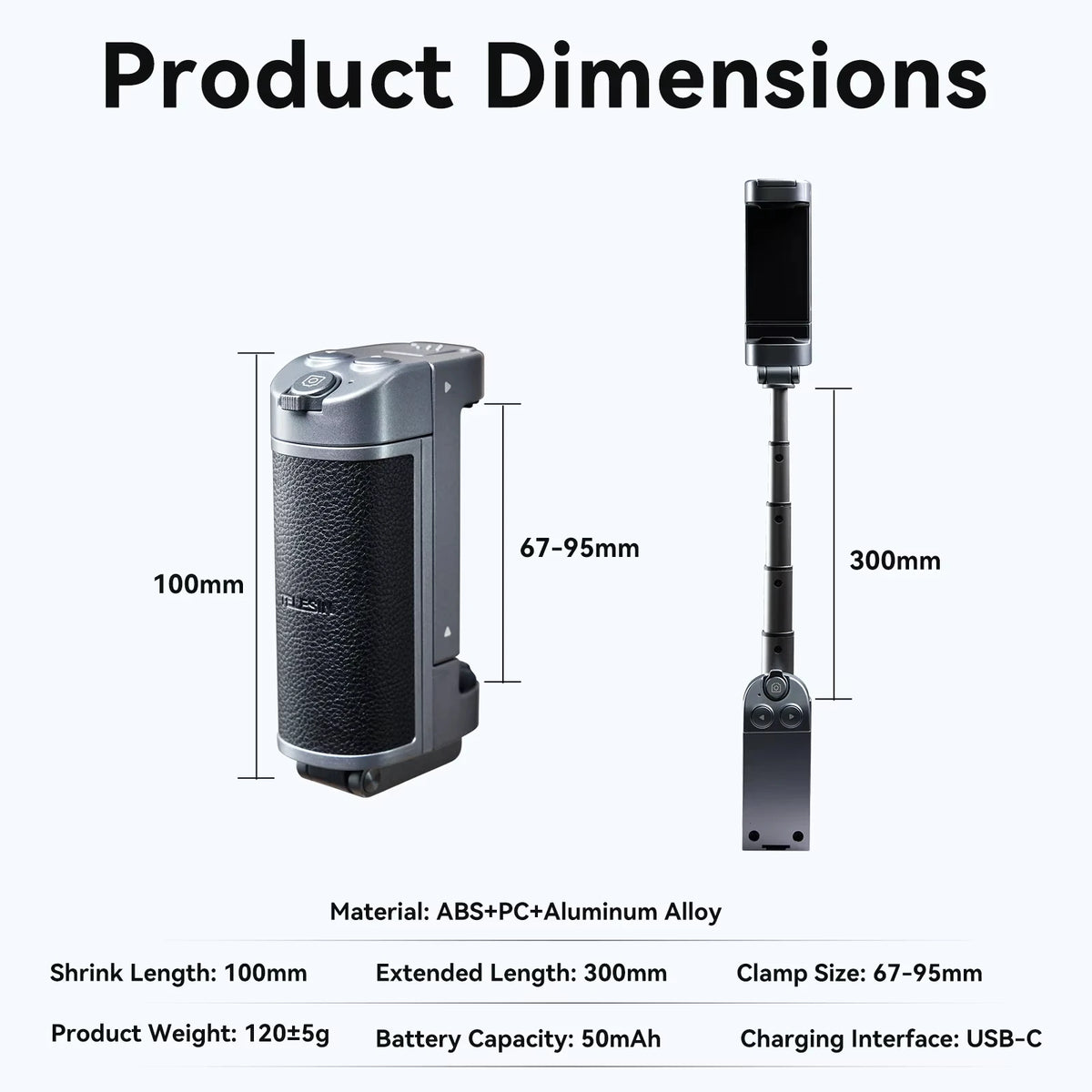 Phone Camera Grip with Bluetooth, Hidden Selfie Stick Stand Multi-Mode Control Universal Fit for IPhone/Android - Vlog Essential