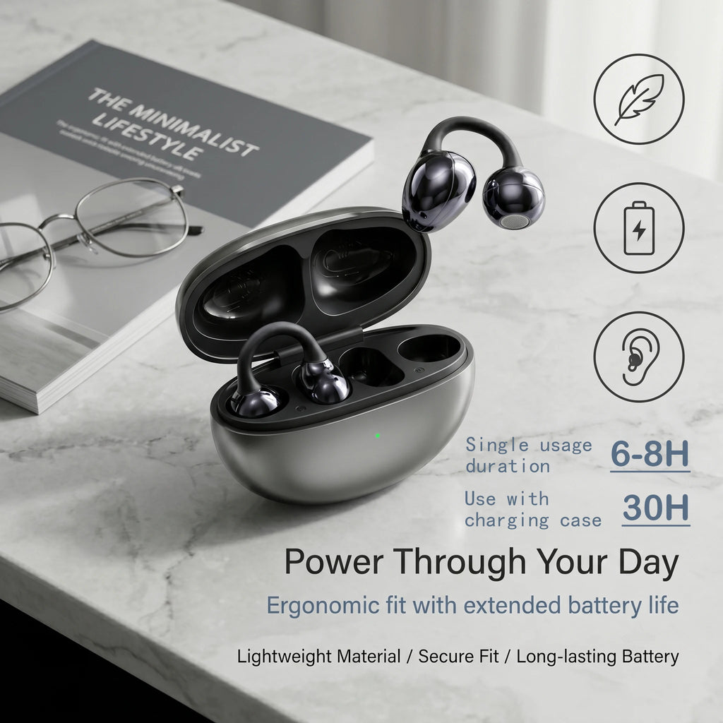 Bluetooth 5.3 Open Air Conduction Clip On Ear Headphones, True Wireless, Lightweight All Day Wear Sports Earphones, Pure Sound