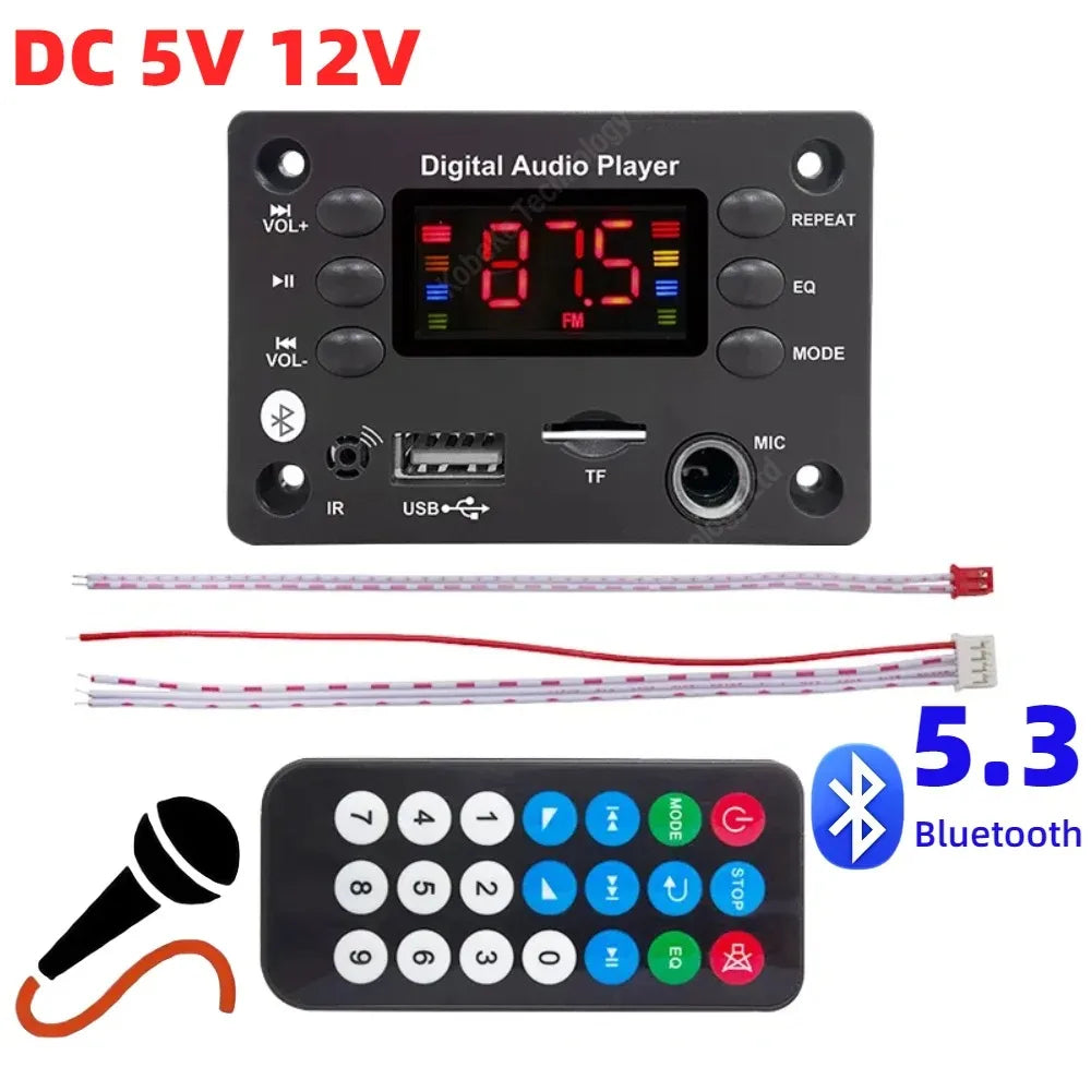 Bluetooth 5.1 MP3 WMA WAV Decoder Board 12V Handsfree 6.5mm Microphone USB TF FM Car Audio Music Player Speaker Volume Control