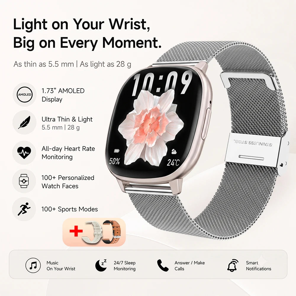 2026 New Smart Watch 5.5mm Ultra-thin 1.73'' AMOLED Men Women 100+ Sports Fitness Wrist Watch BT Call Health Tracker Smartwatch