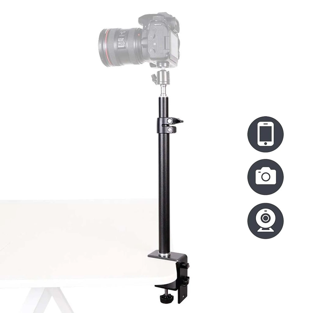 DSLR Camera Clamp Light Stand Adjustable Desk Mount Stand with Ball Head for Phone Camera Webcam Live Streaming Video Recording