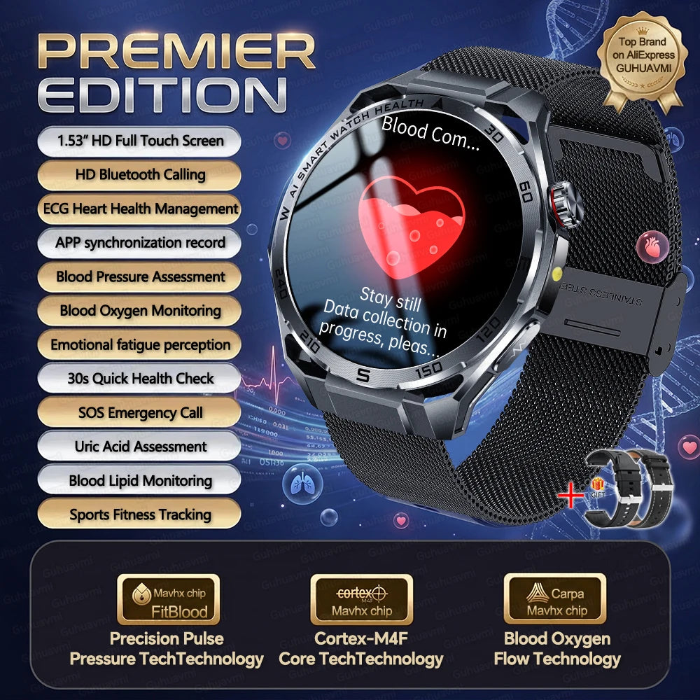 2026New Nursing-Grade AI ECG Smart Watch 1.53''Sapphire Glass Heart Rate Blood Lipid Uric Acid Monitor Bluetooth Call Smartwatch