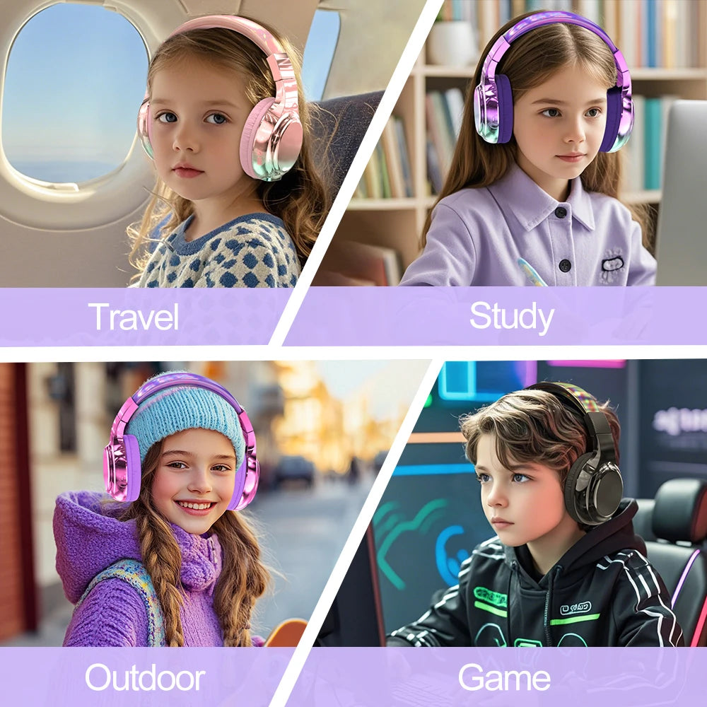 Glossy Bluetooth Headphones For Kids Girls Wireless Stereo Headset With Mic For School Travel Children's Music Helmet Kids Gifts