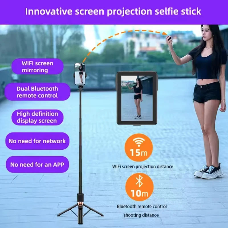 Wireless Selfie Stick Tripod Stand with Remote and Small Screen Casting Selfie Monitor for Smartphone Selfie Live Streaming