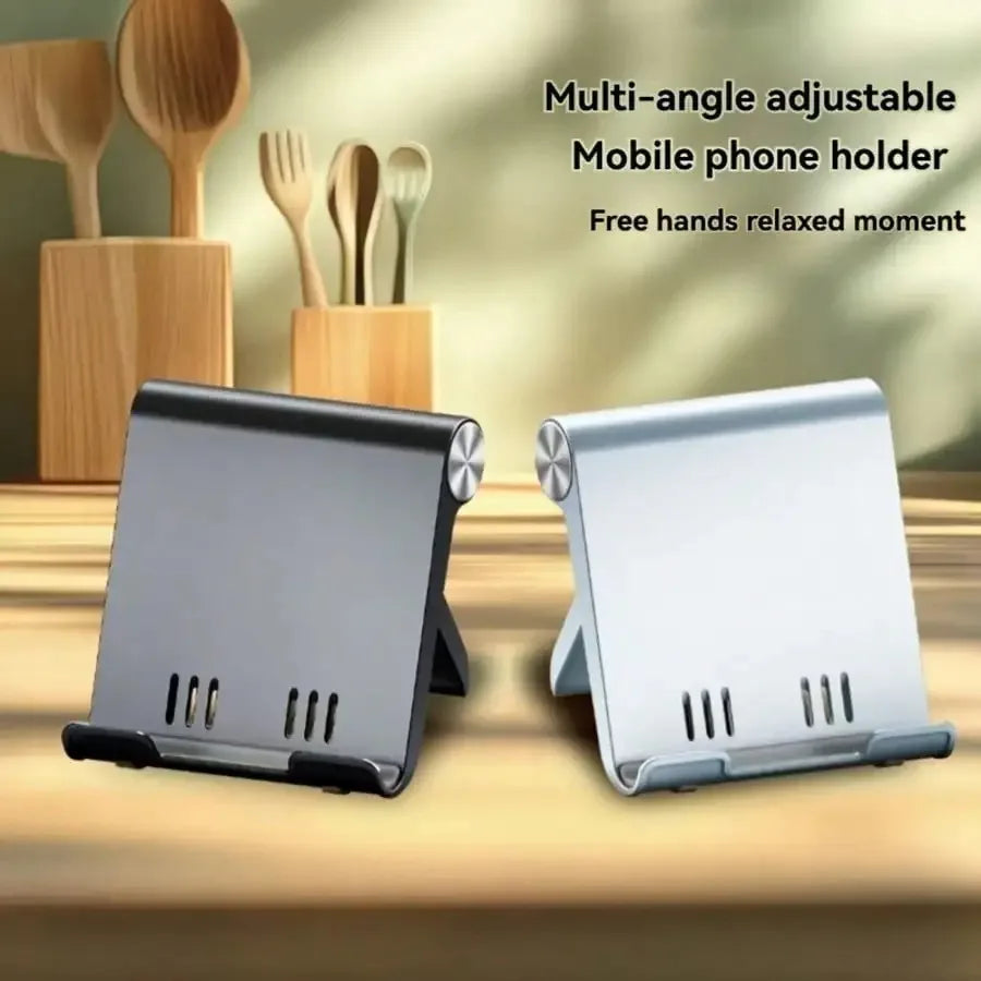 Portable folding phone stand and desktop stand, suitable for storing and carrying smartphones and tablets.