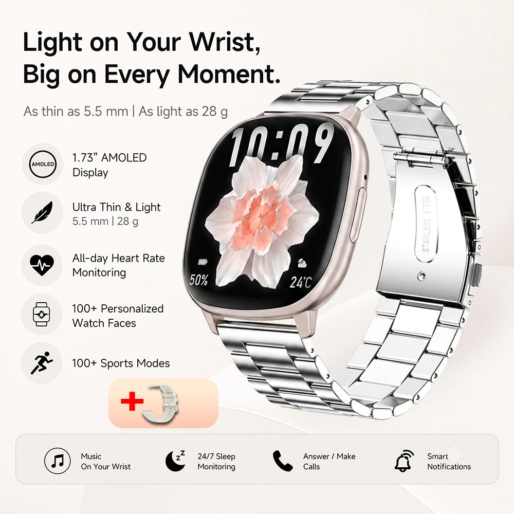 2026 New Smart Watch 5.5mm Ultra-thin 1.73'' AMOLED Men Women 100+ Sports Fitness Wrist Watch BT Call Health Tracker Smartwatch