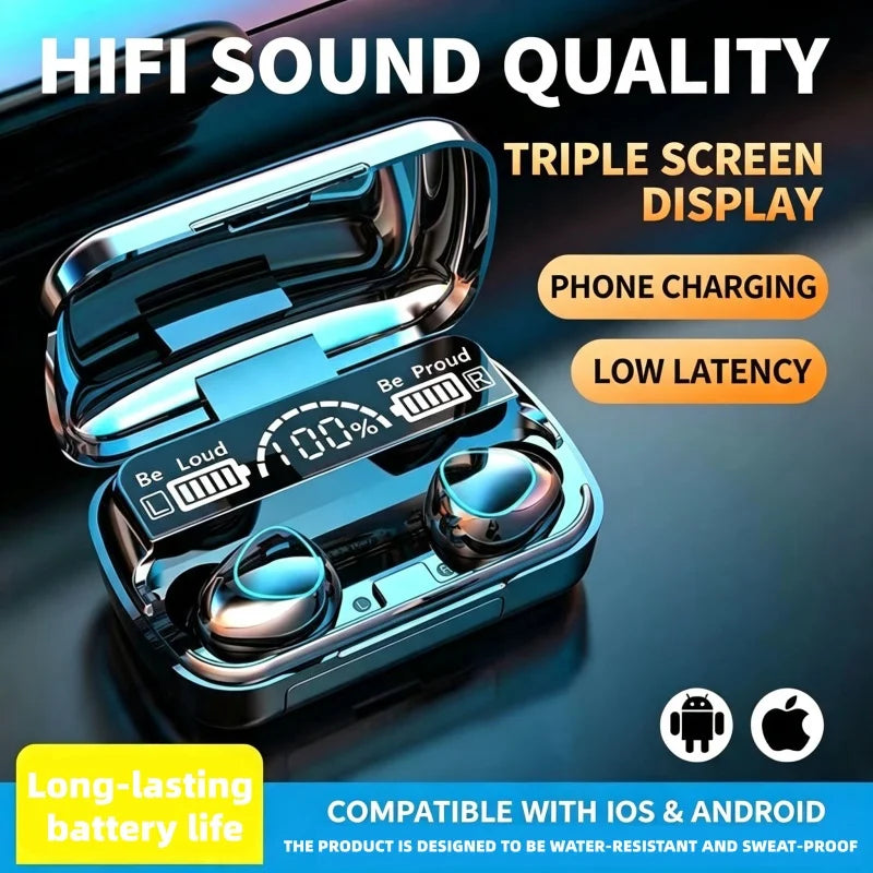 Wireless Bluetooth 5.2 Headset with LED Display Charging Case IPX7 Waterproof Sports Earbuds Noise Cancelling Gaming Earphones