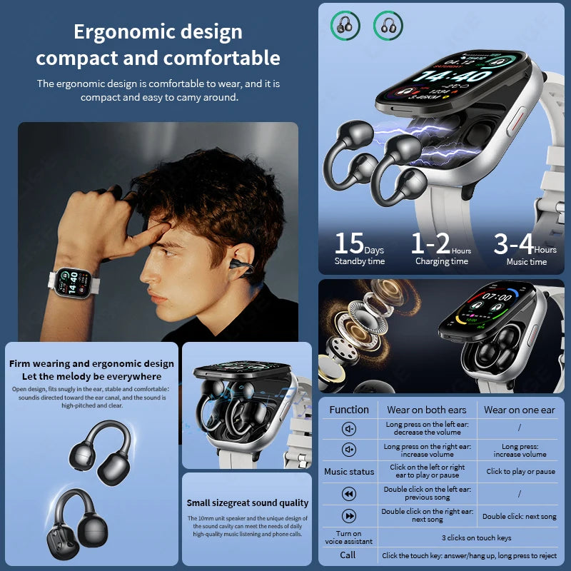 LIGE TWS 2 In 1 Clip-on Earbuds Smart Watch 2.01" HD Bluetooth Voice Calling Health Monitor Sports Smartwatch With Headphones