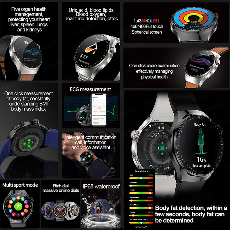New Nursing Grade Smart Watch Blood Oxygen Blood Lipid Uric Acid ECG+PPG Body Micromonitoring Bluetooth Call Health Smart Watch