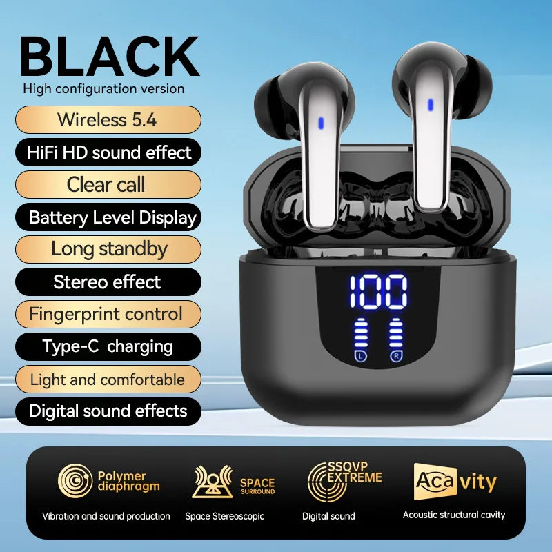 Bluetooth 5.4 Earphones HIFI Audio Low Power Earbuds Wireless Sports Earphones Waterproof Active Noise Reduction Earphones