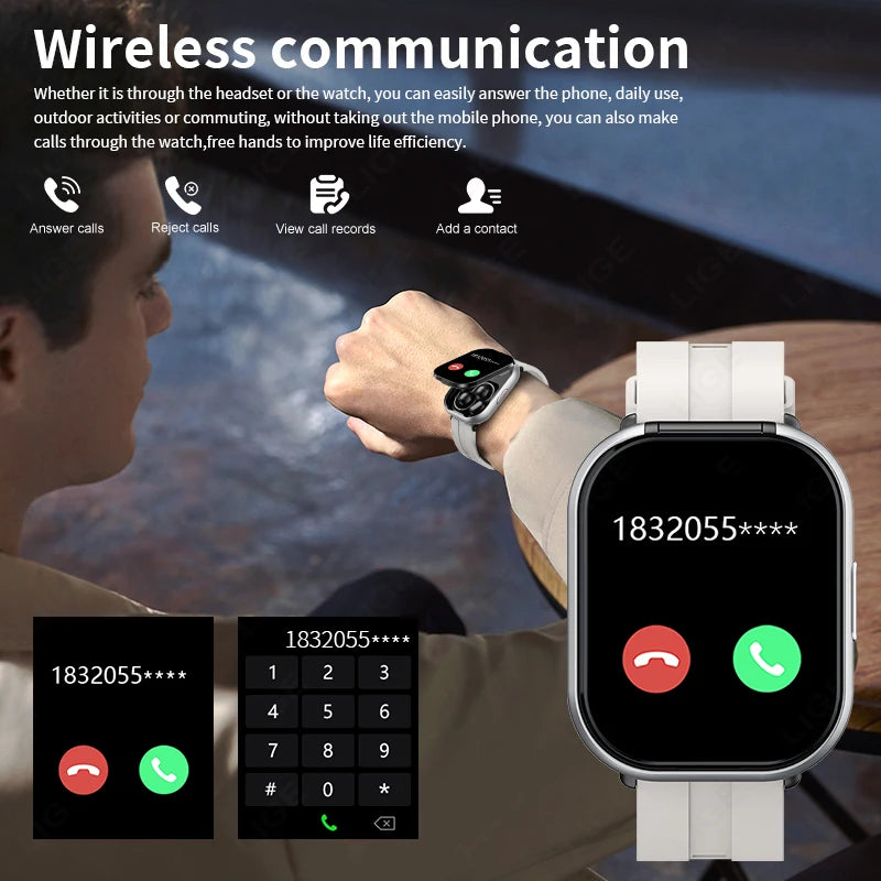 LIGE TWS 2 In 1 Clip-on Earbuds Smart Watch 2.01" HD Bluetooth Voice Calling Health Monitor Sports Smartwatch With Headphones