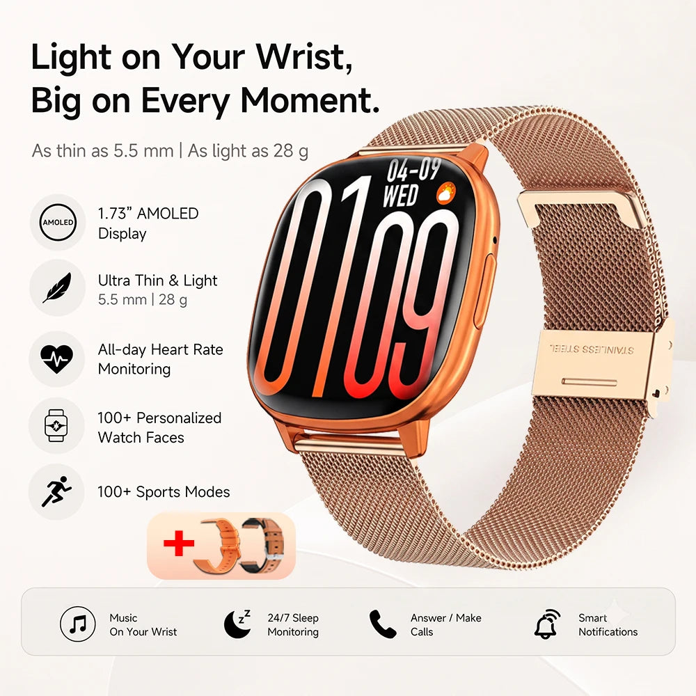 2026 New Smart Watch 5.5mm Ultra-thin 1.73'' AMOLED Men Women 100+ Sports Fitness Wrist Watch BT Call Health Tracker Smartwatch