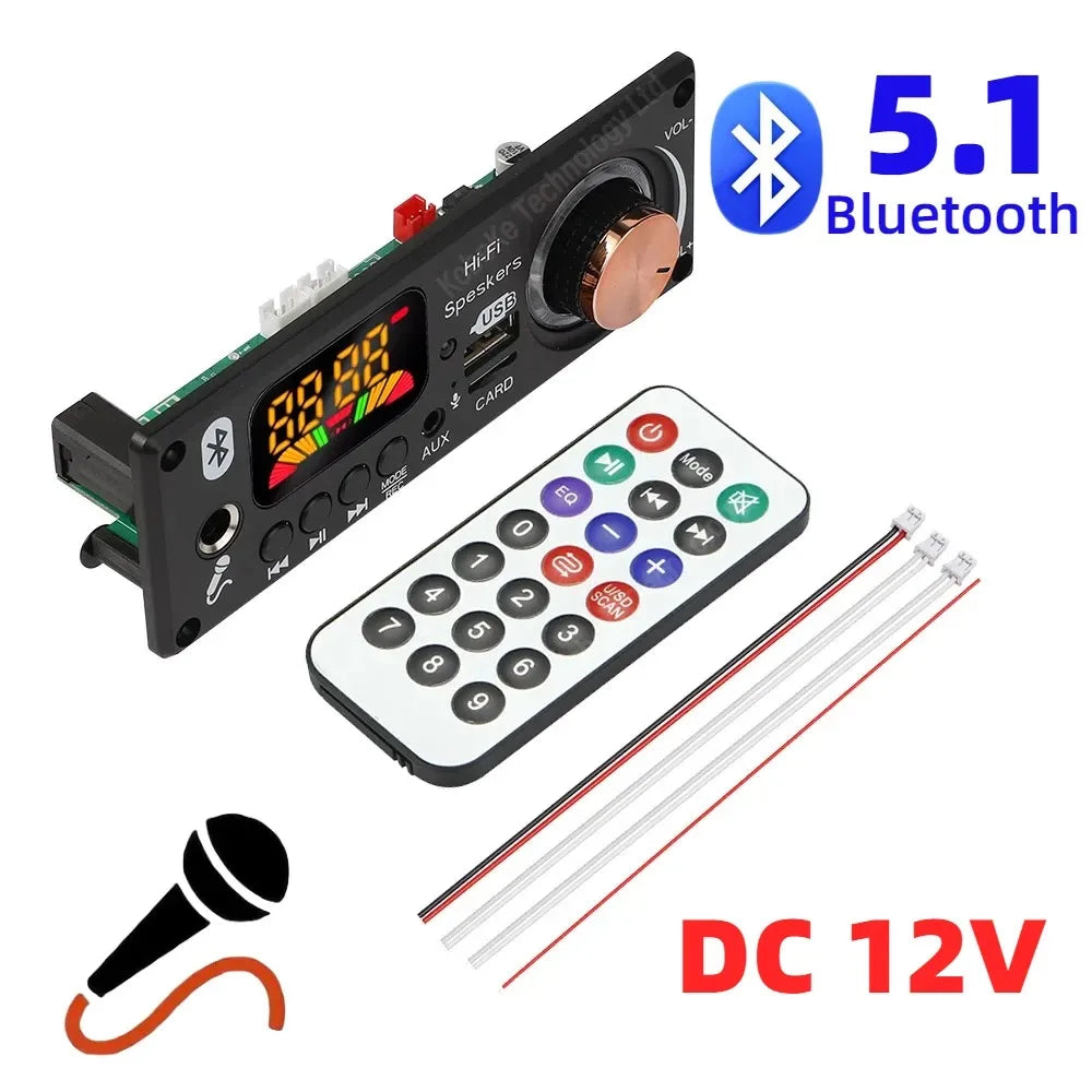 Bluetooth 5.1 MP3 WMA WAV Decoder Board 12V Handsfree 6.5mm Microphone USB TF FM Car Audio Music Player Speaker Volume Control